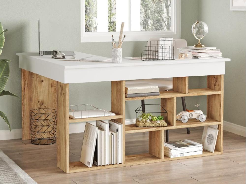 vente unique Bureau d'angle avec rangements - Coloris : Blanc et naturel - LILEUL
