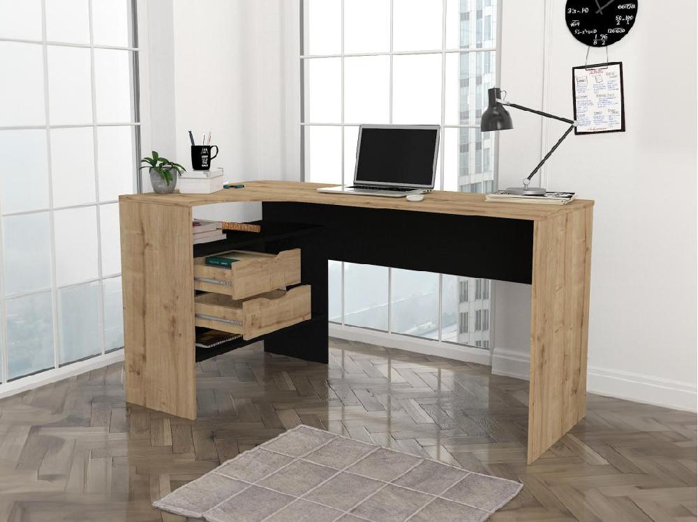 Vente Unique Bureau D'angle Avec Rangements - Coloris : Naturel Et Noir - LAKISA
