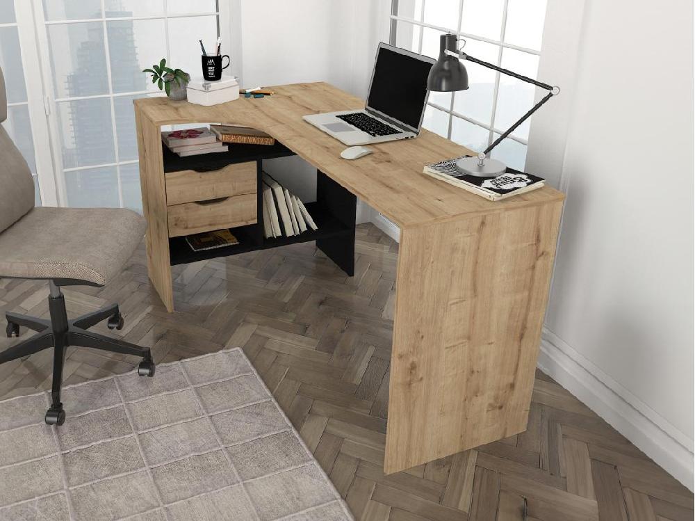 Vente Unique Bureau D'angle Avec Rangements - Coloris : Naturel Et Noir - LAKISA