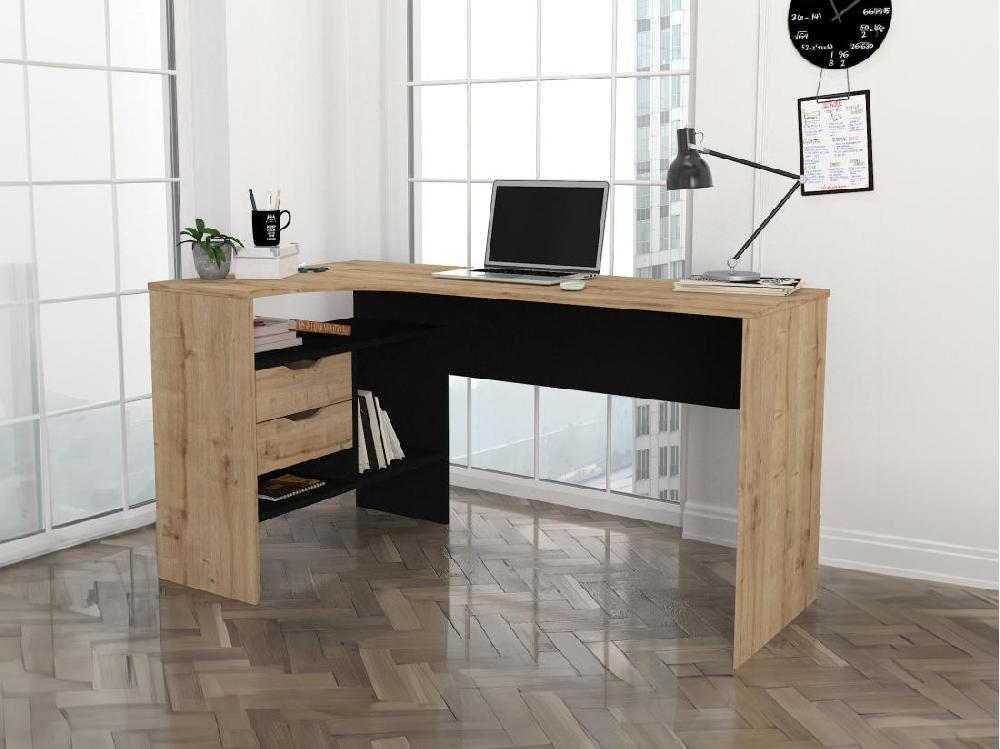 Vente Unique Bureau D'angle Avec Rangements - Coloris : Naturel Et Noir - LAKISA