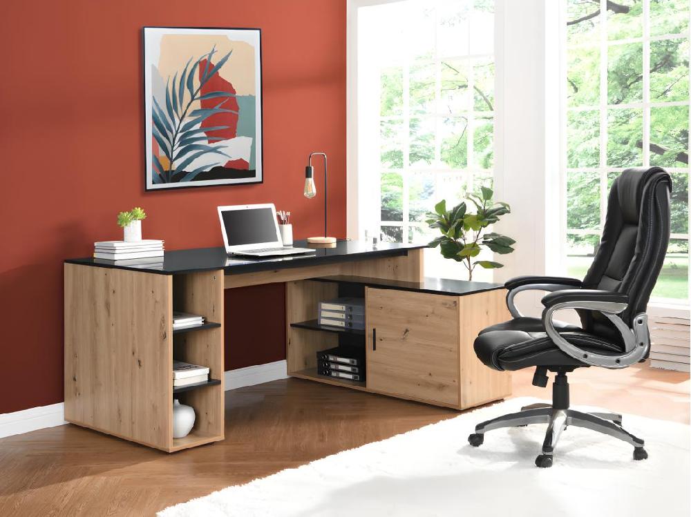 vente unique Bureau d'angle avec rangements - MDF - Naturel et noir - ROMIARA