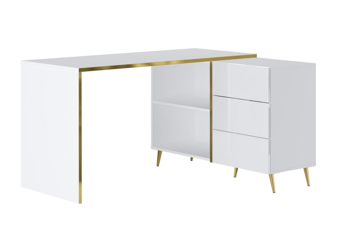 Vente Unique Bureau D'angle Avec Tiroirs Et Niches - Blanc Brillant Et Doré - MARZIALO