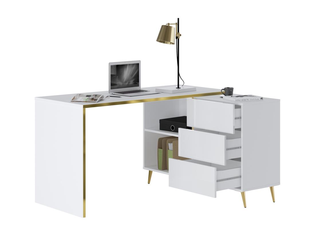 Vente Unique Bureau D'angle Avec Tiroirs Et Niches - Blanc Brillant Et Doré - MARZIALO
