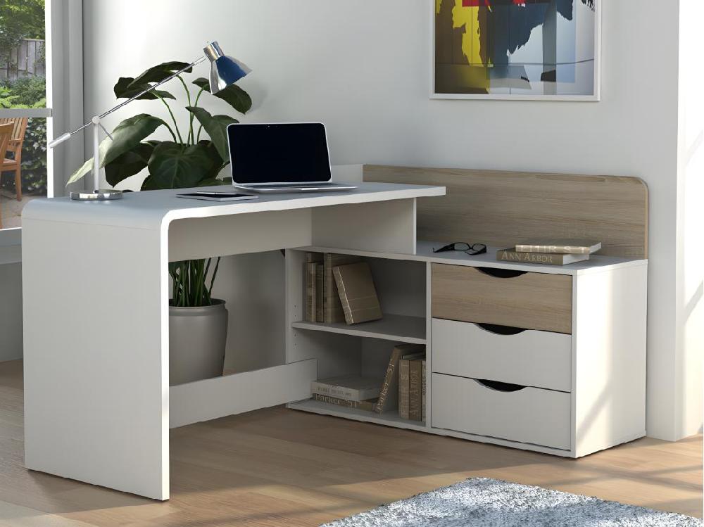 vente unique Bureau d'angle DECLAN II - MDF - 3 tiroirs & 2 niches - Coloris : Blanc & Chêne