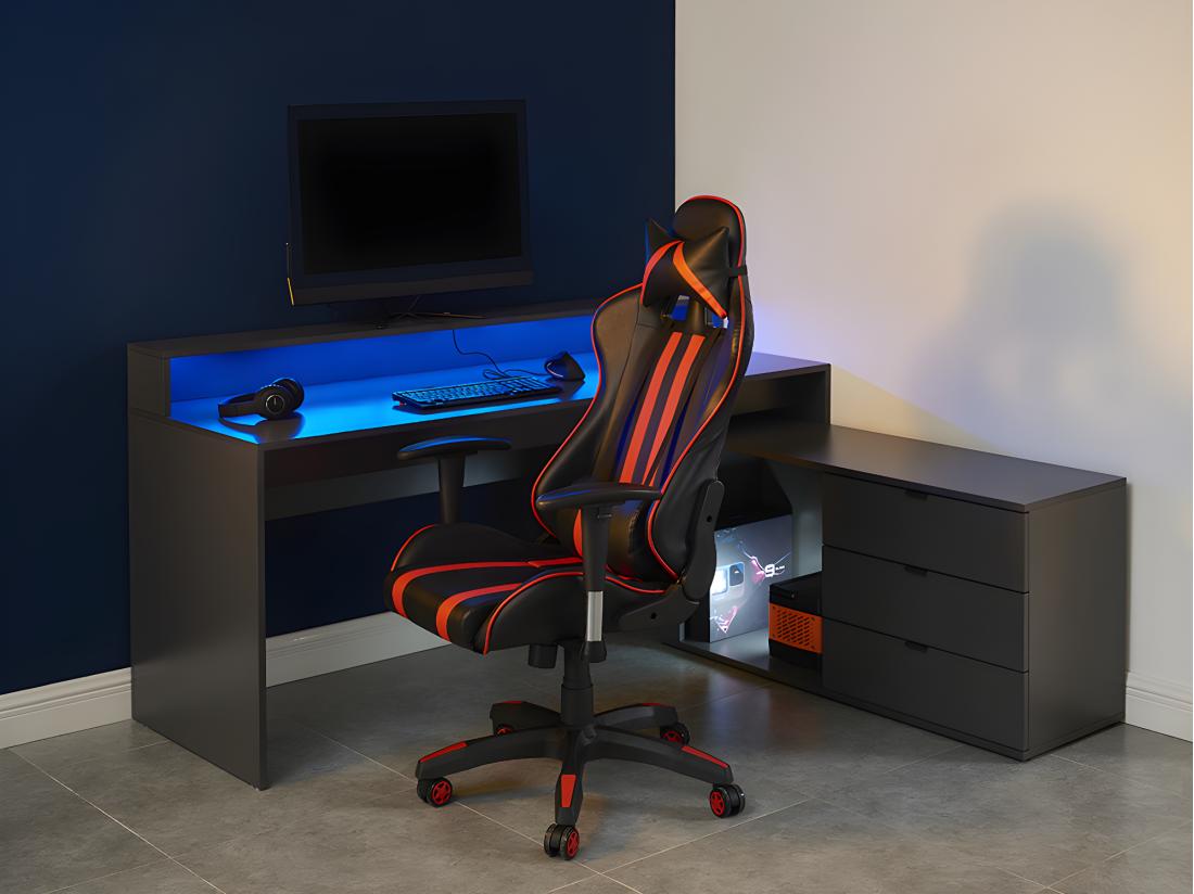 vente unique Bureau d'angle gamer NEHA - Avec rangements et LEDs - MDF - Gris