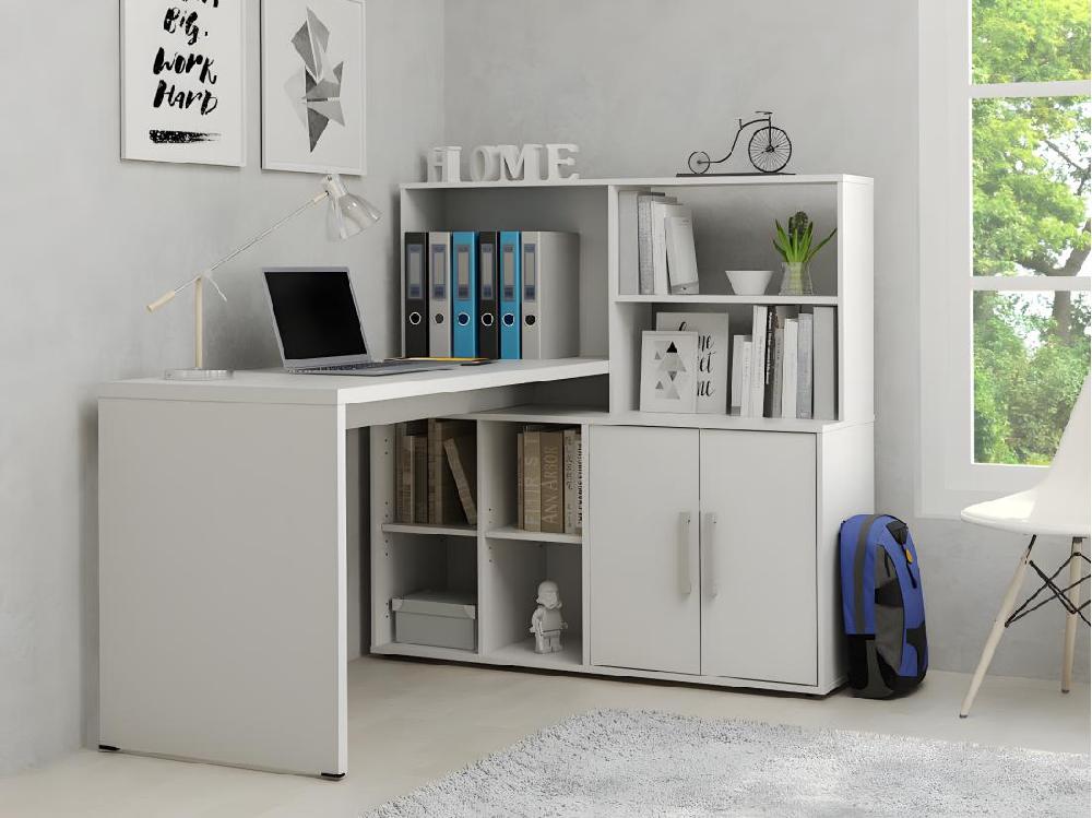 vente unique Bureau d'angle LEON avec rangements et étagères - Blanc