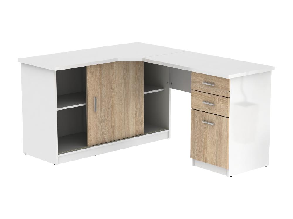Vente Unique Bureau D'angle NORWY - 2 Portes & 2 Tiroirs - Blanc Et Chêne
