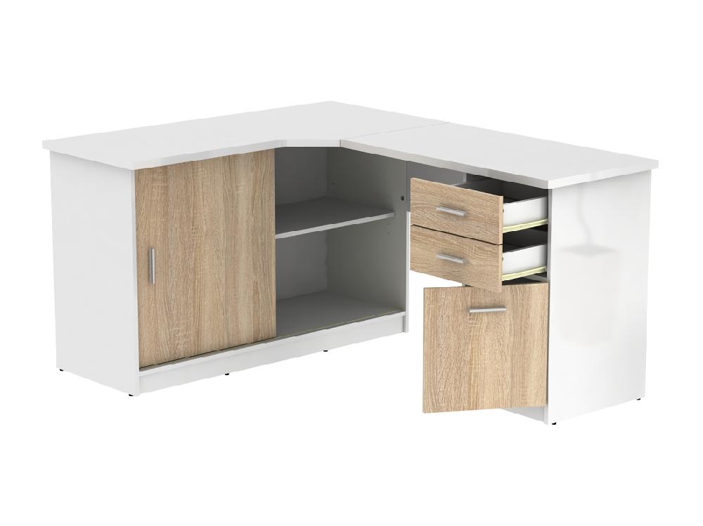 Vente Unique Bureau D'angle NORWY - 2 Portes & 2 Tiroirs - Blanc Et Chêne