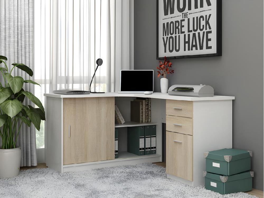 vente unique Bureau d'angle NORWY - 2 portes & 2 tiroirs - Blanc et chêne