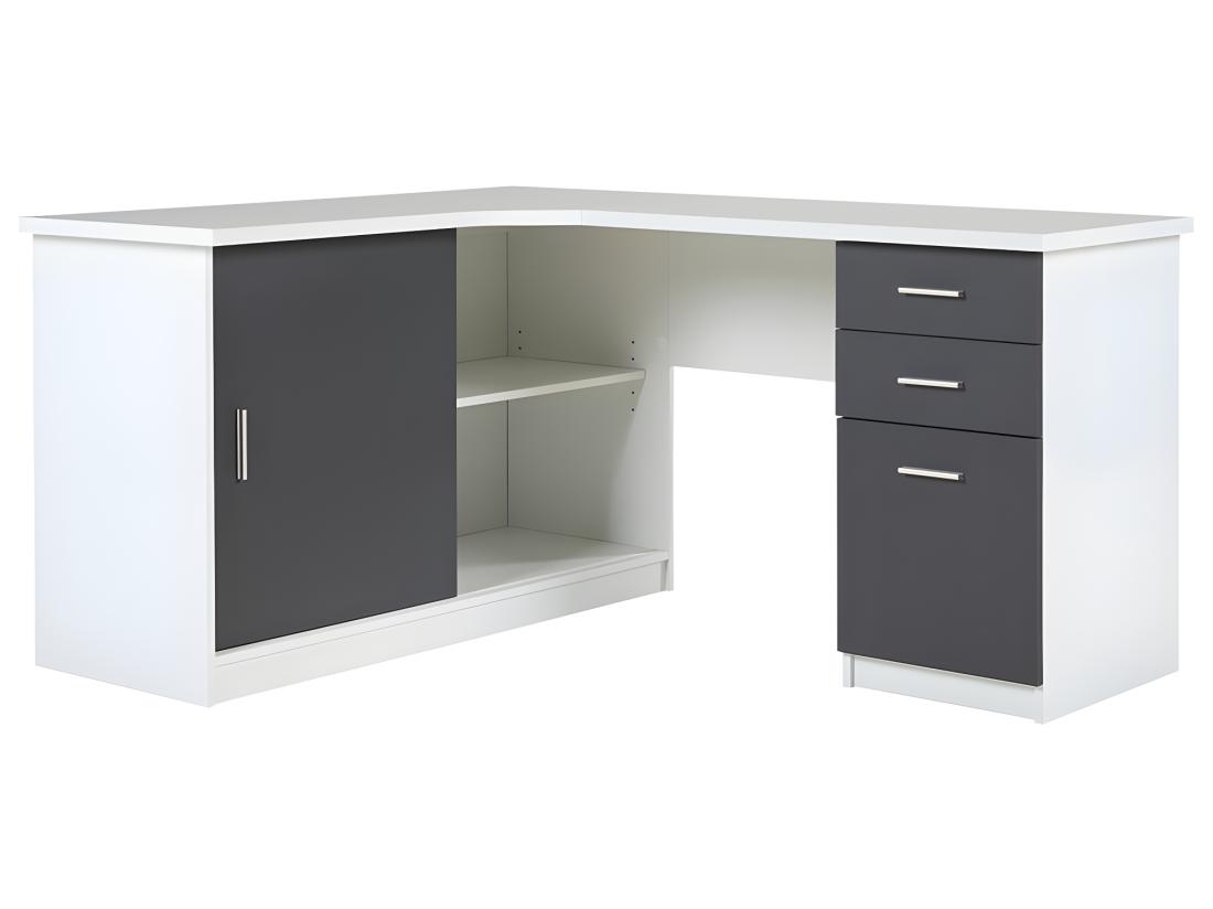 Vente Unique Bureau D'angle NORWY - 2 Portes & 2 Tiroirs - Blanc & Gris