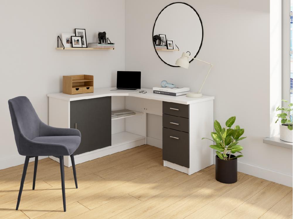 vente unique Bureau d'angle NORWY - 2 portes & 2 tiroirs - Blanc & Gris