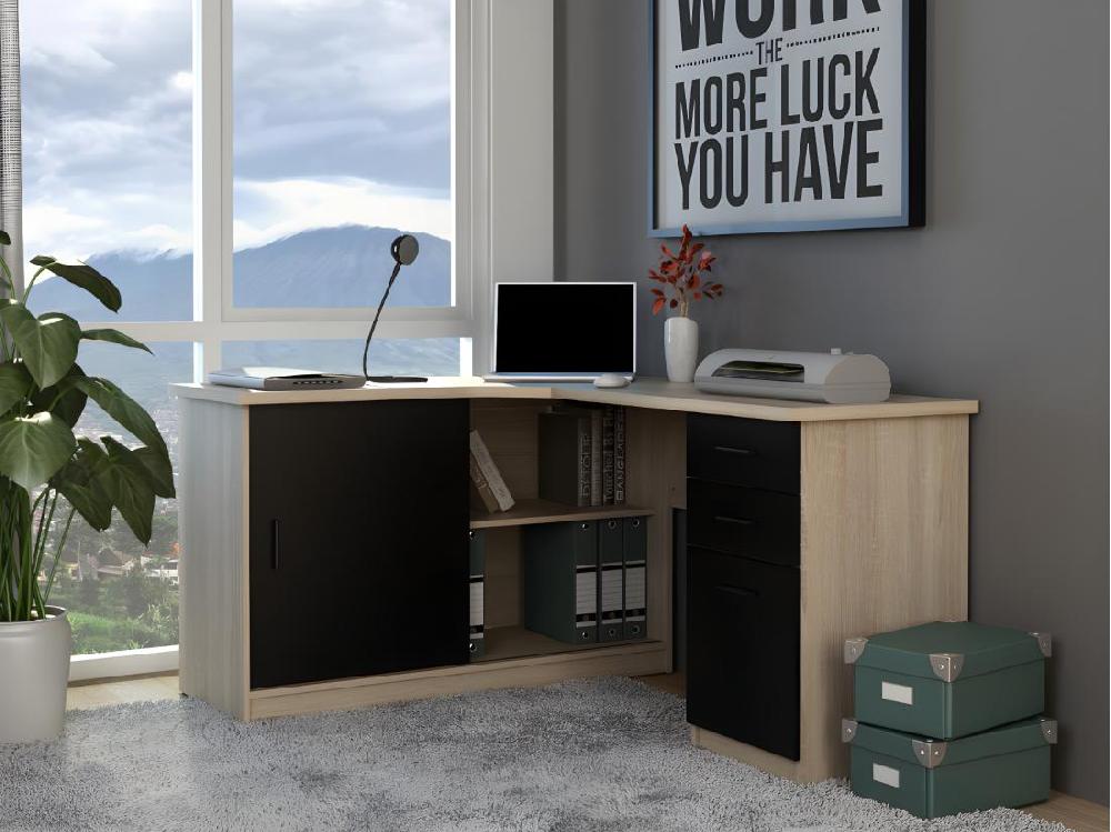 vente unique Bureau d'angle NORWY - 2 portes & 2 tiroirs - Chêne et noir