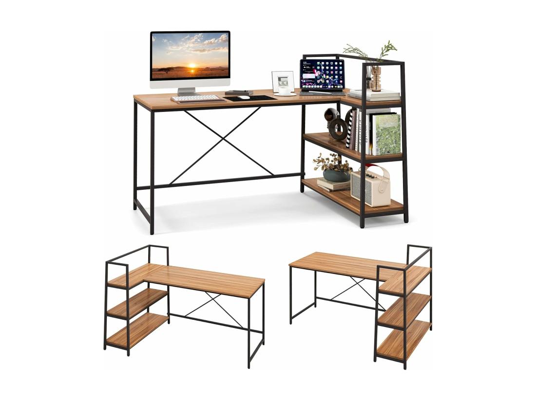Vente Unique Bureau D'angle Réversible Avec Étagère Rangement Table Ordinateur En Forme L Avec Bibliothèque Assemblage Facile Poste De Travail Pour Maison Bureaux 148 X 100 X 90 Cm (Noir + Noyer)