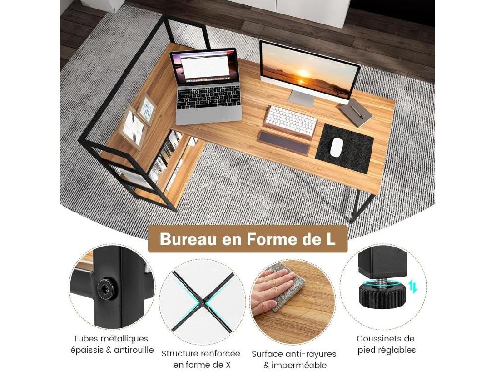 vente unique Bureau d'angle Réversible avec Étagère Rangement Table Ordinateur en Forme L avec Bibliothèque Assemblage Facile Poste de Travail pour Maison Bureaux 148 x 100 x 90 cm (Noir + Noyer)