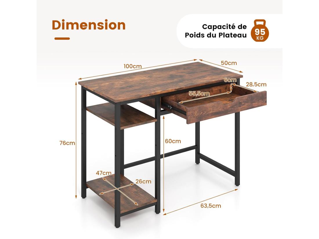 Vente Unique Bureau D'Ordinateur 100 X 50 Cm Bureau Informatique Avec Grand Tiroir De Rangement Et 2 Étagères Ouvertes Réglable Support UC 2 Crochets Style Industriel Marron Rustique