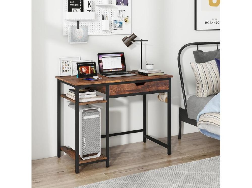 Vente Unique Bureau D'Ordinateur 100 X 50 Cm Bureau Informatique Avec Grand Tiroir De Rangement Et 2 Étagères Ouvertes Réglable Support UC 2 Crochets Style Industriel Marron Rustique
