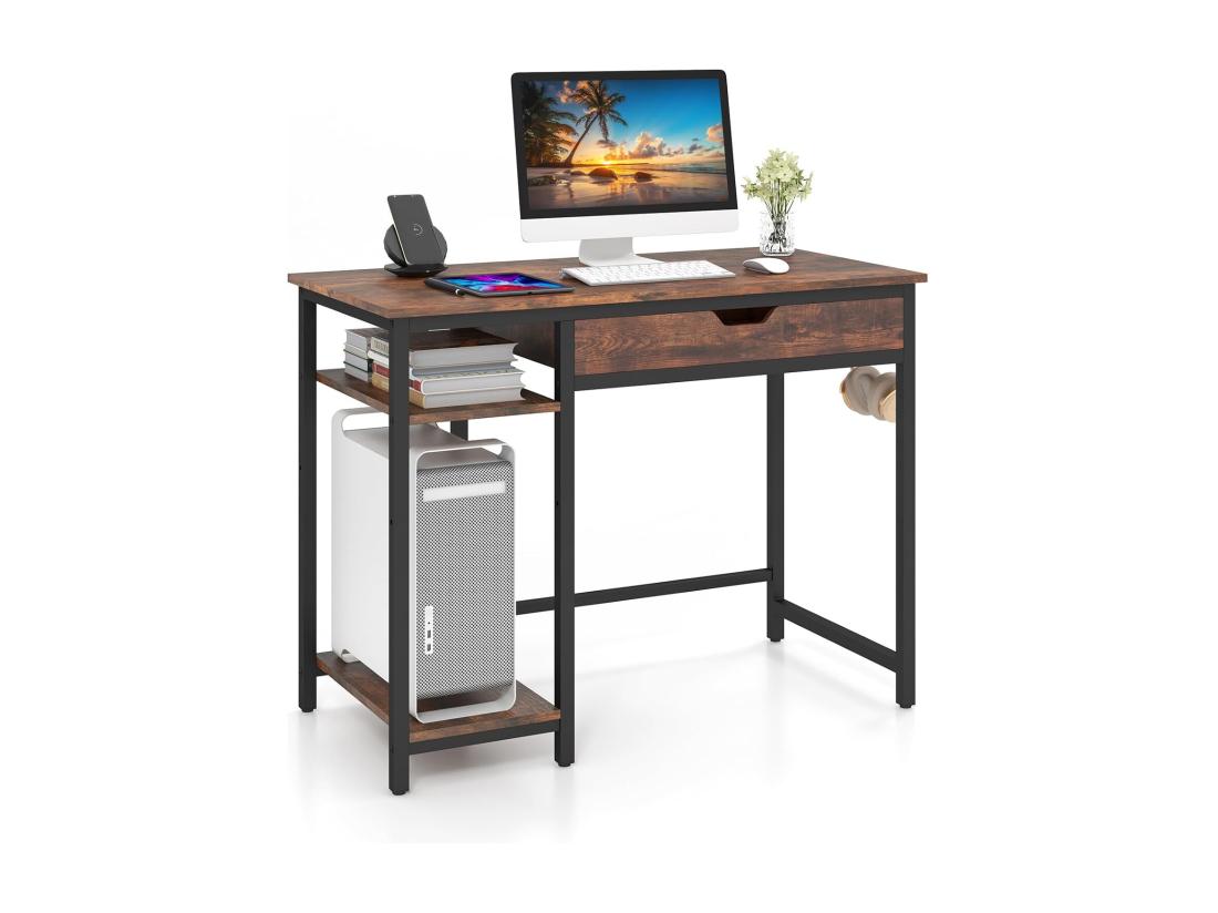 vente unique Bureau d'Ordinateur 100 x 50 cm Bureau Informatique avec Grand Tiroir de Rangement et 2 Étagères Ouvertes Réglable Support UC 2 Crochets Style Industriel Marron Rustique