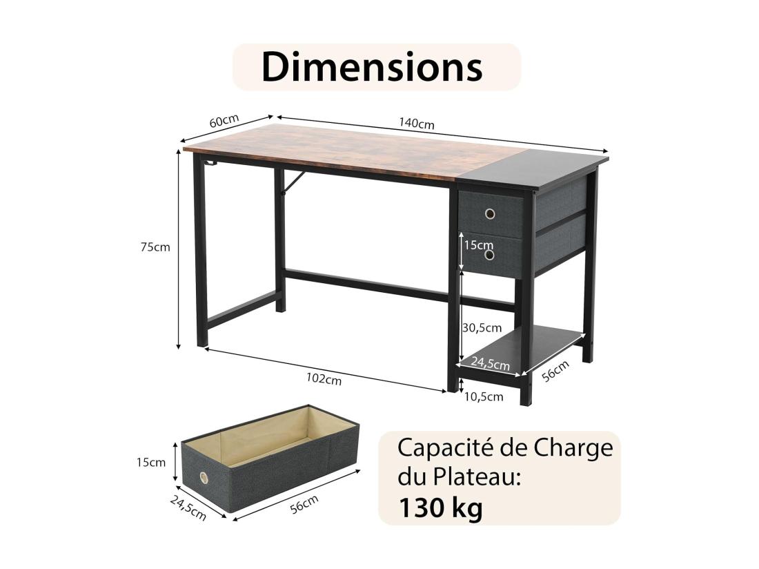 Vente Unique Bureau D'Ordinateur 60 X 140 Cm Table De Bureau Avec 2 Tiroirs Étagère Bureau D'Écriture Table D'Étude Postes De Travail Pour Chambre Bureau Marron Rustique