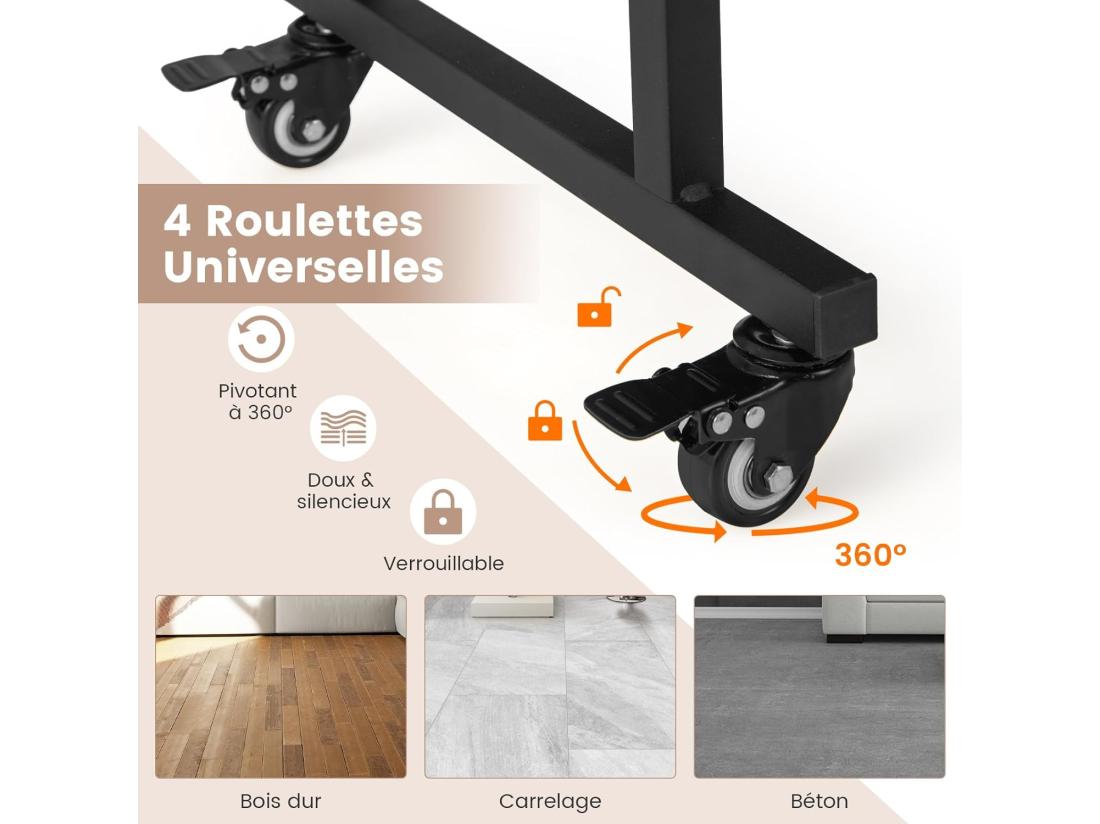 Vente Unique Bureau D'Ordinateur à Roulettes Bureau Informatique Mobile Avec Plateau Clavier Extractible 3 Crochets Étagère De Rangement Pour Bureau à Domicile Chambre D’Enfant Marron Rustique