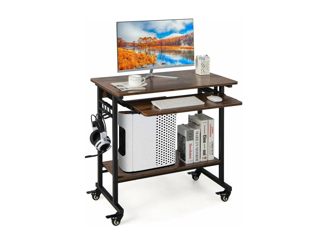 Vente Unique Bureau D'Ordinateur à Roulettes Bureau Informatique Mobile Avec Plateau Clavier Extractible 3 Crochets Étagère De Rangement Pour Bureau à Domicile Chambre D’Enfant Marron Rustique