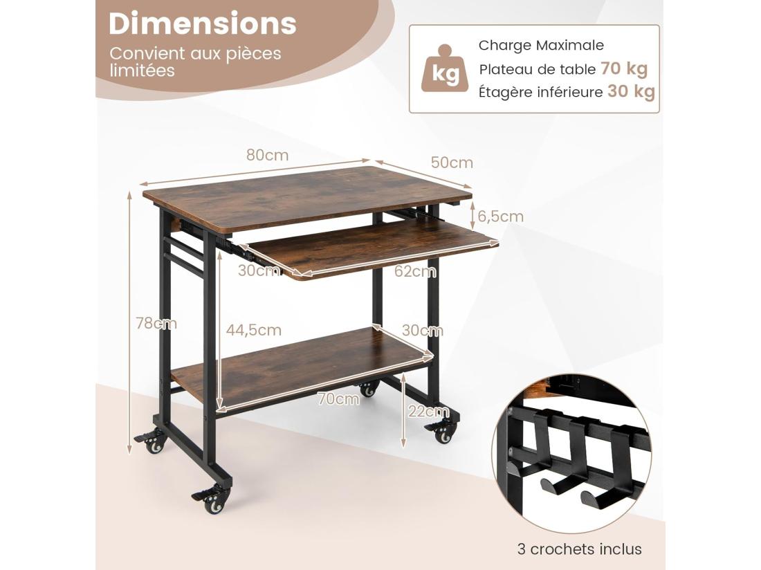 Vente Unique Bureau D'Ordinateur à Roulettes Bureau Informatique Mobile Avec Plateau Clavier Extractible 3 Crochets Étagère De Rangement Pour Bureau à Domicile Chambre D’Enfant Marron Rustique