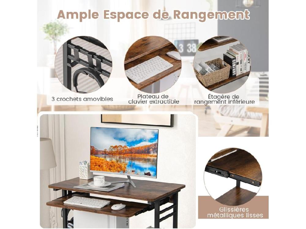 vente unique Bureau d'Ordinateur à roulettes Bureau Informatique Mobile avec Plateau Clavier Extractible 3 Crochets Étagère de Rangement pour Bureau à Domicile Chambre d’Enfant Marron Rustique
