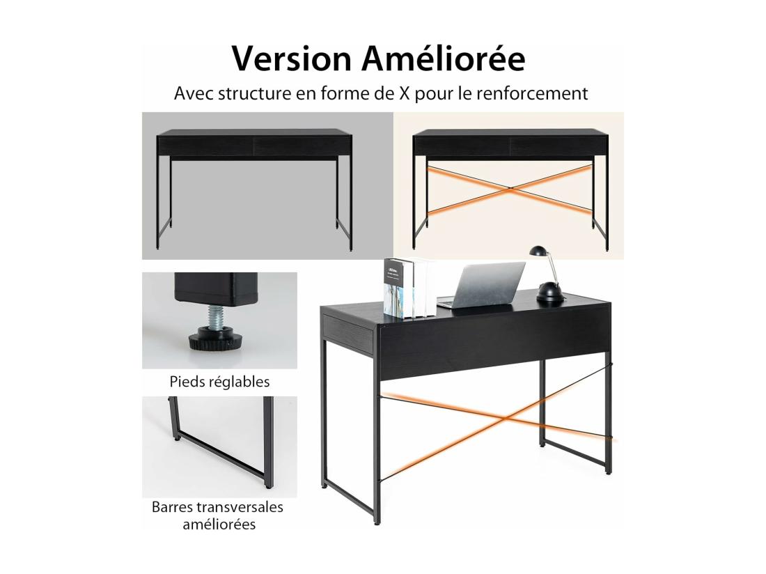 Vente Unique Bureau D'Ordinateur Avec 2 Tiroirs Et Structure En X Table Informatique Structure Solide Et Durable 112x48x76cm (Noir)
