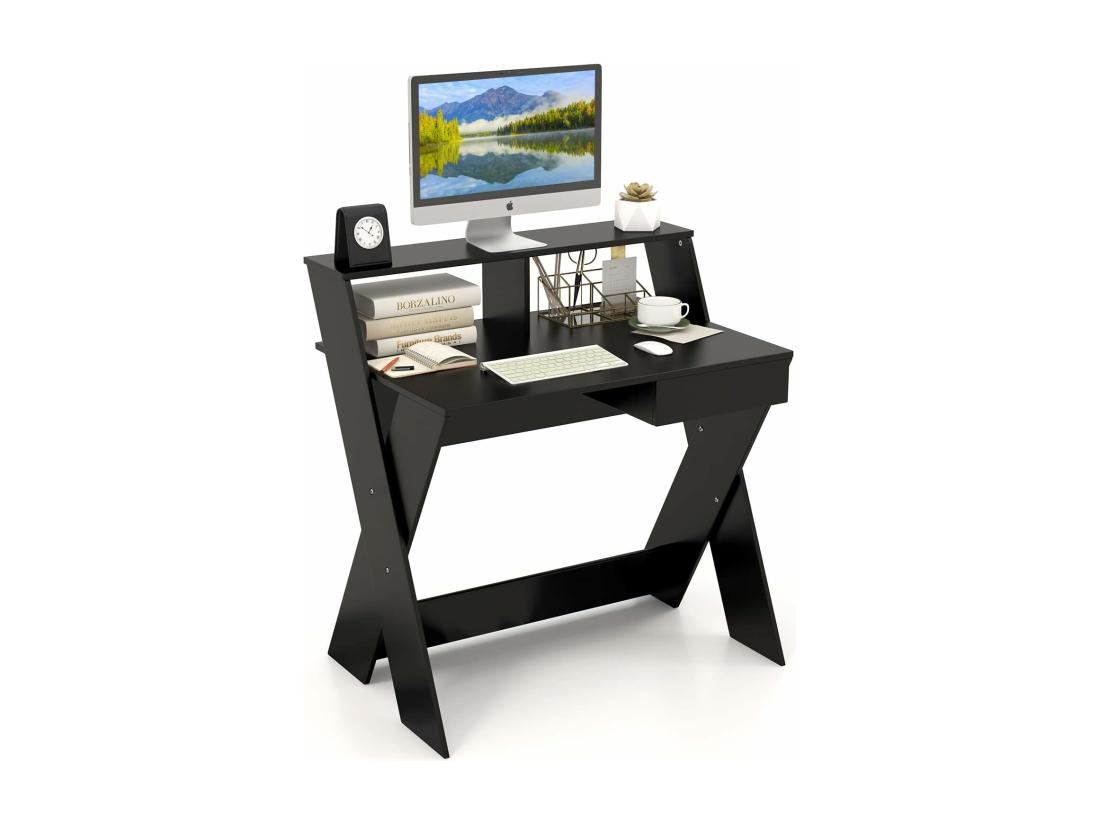 Vente Unique Bureau D'Ordinateur Avec Tiroir Bureau Informatique En Forme De X Avec Support D'Écran Repose-Pieds Table De Bureau Pour Étudier Jouer Travailler (Noir)