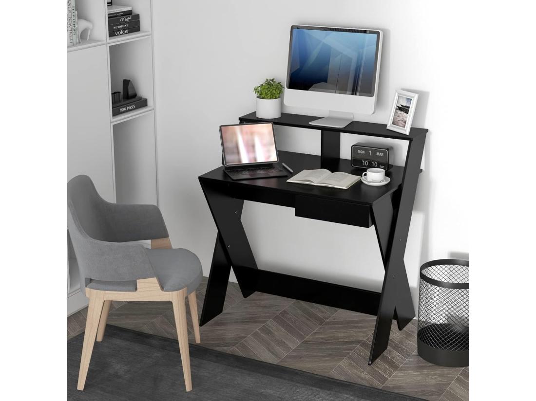 Vente Unique Bureau D'Ordinateur Avec Tiroir Bureau Informatique En Forme De X Avec Support D'Écran Repose-Pieds Table De Bureau Pour Étudier Jouer Travailler (Noir)