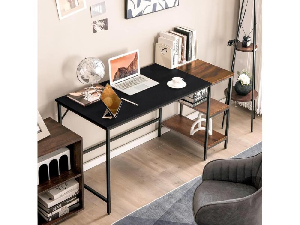 Vente Unique Bureau D'Ordinateur Bureau Avec Étagères De Rangement Table Informatique Avec Panneau D'Épissure Cadre En Acier Style Industriel 140 X 60 X 74 Cm (Noir)