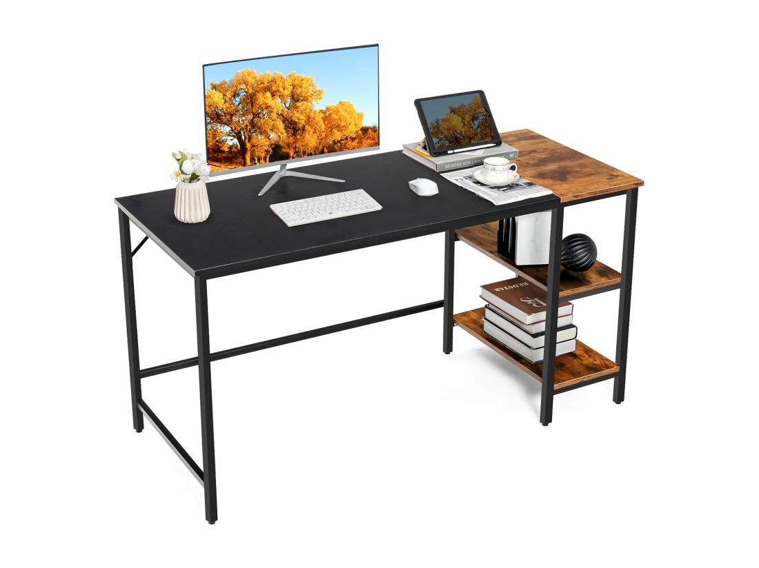 vente unique Bureau d'Ordinateur Bureau avec Étagères de Rangement Table Informatique avec Panneau d'Épissure Cadre en Acier Style Industriel 140 X 60 X 74 cm (Noir)