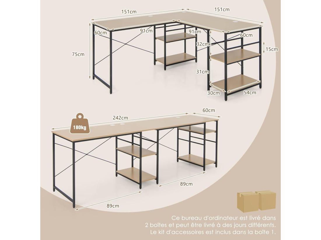 Vente Unique Bureau D'ordinateur En Forme De L Bureau D'angle Convertible De 151cm 4 Étagères De Rangement Support CPU 2 Façons D’Assembler Charge 180 Kg Pour Bureau à Domicile (Naturel)