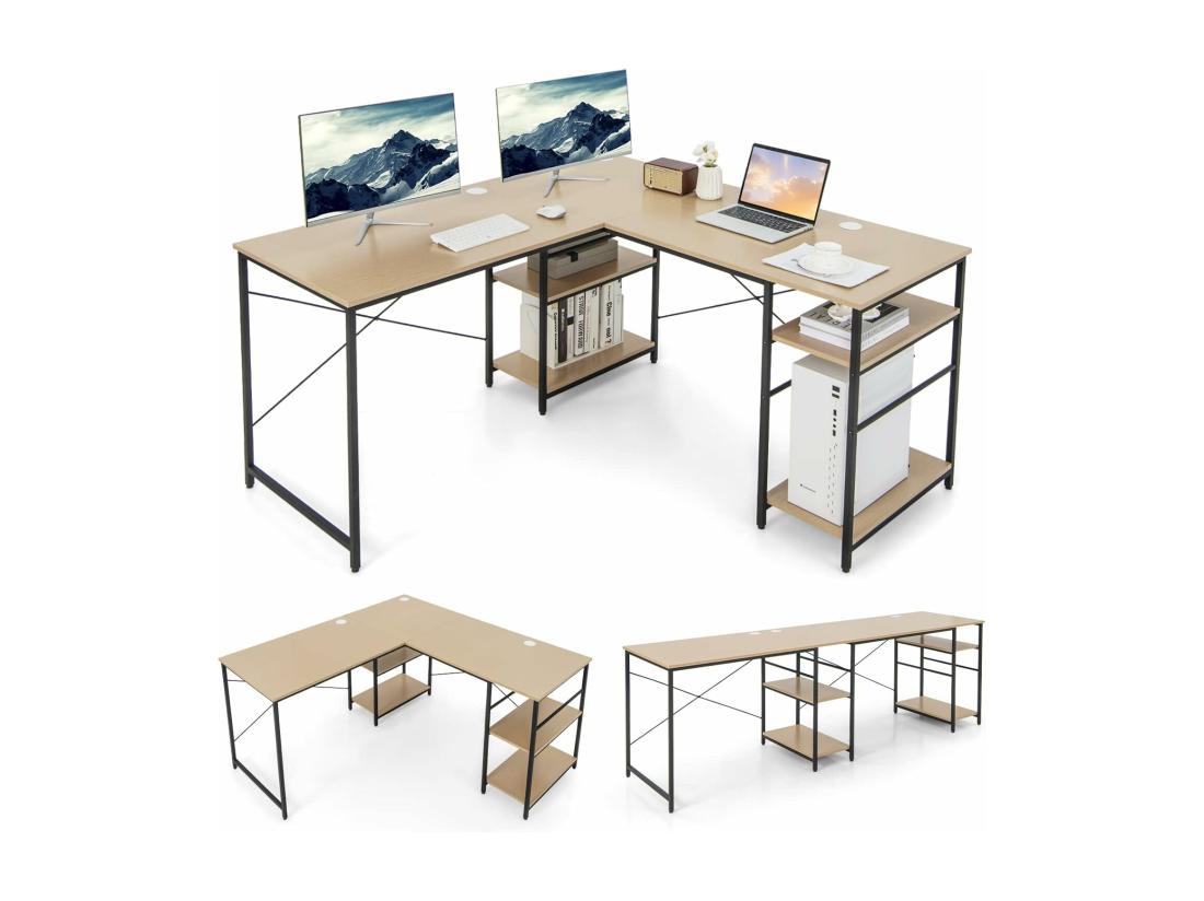 Vente Unique Bureau D'ordinateur En Forme De L Bureau D'angle Convertible De 151cm 4 Étagères De Rangement Support CPU 2 Façons D’Assembler Charge 180 Kg Pour Bureau à Domicile (Naturel)