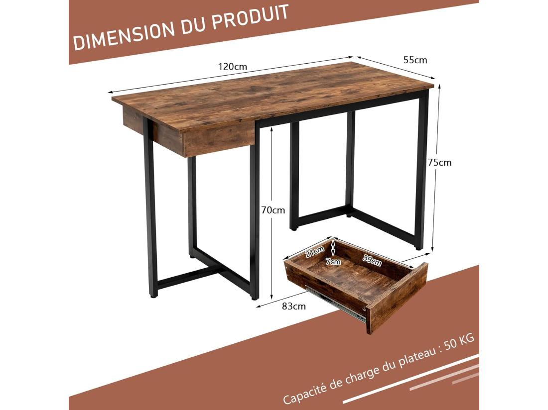 Vente Unique Bureau D'Ordinateur Industriel 120 X 55 Cm Table Avec Tiroir Design Élégant Postes De Travail Pour Bureau Salon Chambre Facile à Assembler 120 X 55 X 75 Cm (Marron Rustique)