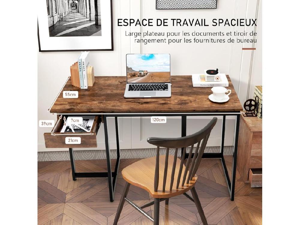 vente unique Bureau d'Ordinateur Industriel 120 x 55 cm Table avec Tiroir Design Élégant Postes de Travail pour Bureau Salon Chambre Facile à Assembler 120 x 55 x 75 cm (Marron Rustique)