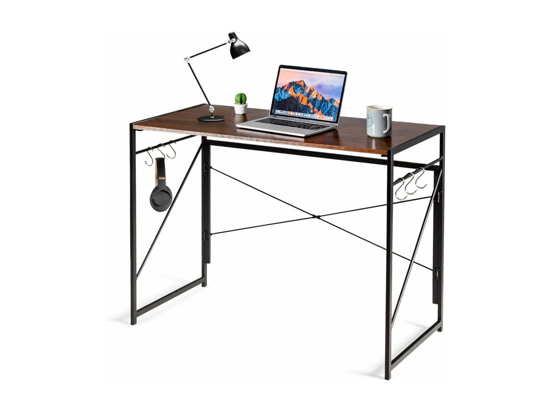Vente Unique Bureau D'Ordinateur Pliant 100 X 50 Cm Table De Bureau Cadre En Métal 6 Crochets En Forme De S Charge 115kg Style Industriel/Moderne (Marron)