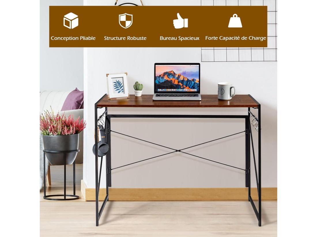 Vente Unique Bureau D'Ordinateur Pliant 100 X 50 Cm Table De Bureau Cadre En Métal 6 Crochets En Forme De S Charge 115kg Style Industriel/Moderne (Marron)