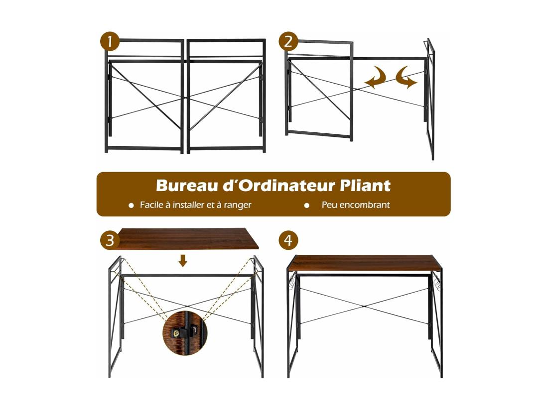 Vente Unique Bureau D'Ordinateur Pliant 100 X 50 Cm Table De Bureau Cadre En Métal 6 Crochets En Forme De S Charge 115kg Style Industriel/Moderne (Marron)