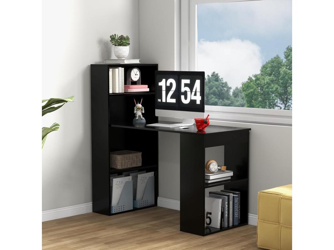Vente Unique Bureau D'Ordinateur Réversible Avec Bibliothèque Poste De Travail Moderne Avec Étagères De Rangement à 6 Niveaux Assemblage Facile Pour Maison Bureaux (Noir)