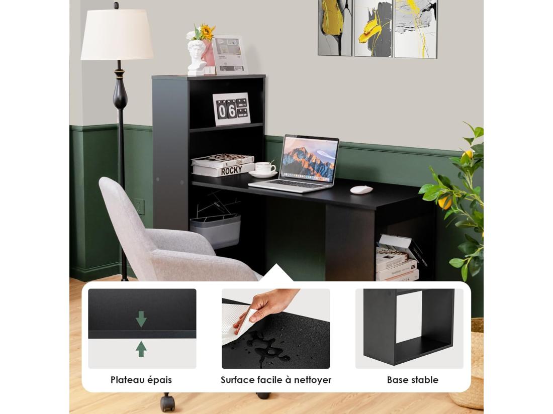 Vente Unique Bureau D'Ordinateur Réversible Avec Bibliothèque Poste De Travail Moderne Avec Étagères De Rangement à 6 Niveaux Assemblage Facile Pour Maison Bureaux (Noir)