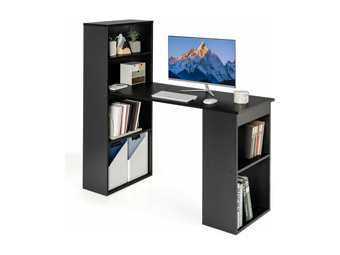 vente unique Bureau d'Ordinateur Réversible avec Bibliothèque Poste de Travail Moderne avec Étagères de Rangement à 6 Niveaux Assemblage Facile pour Maison Bureaux (Noir)