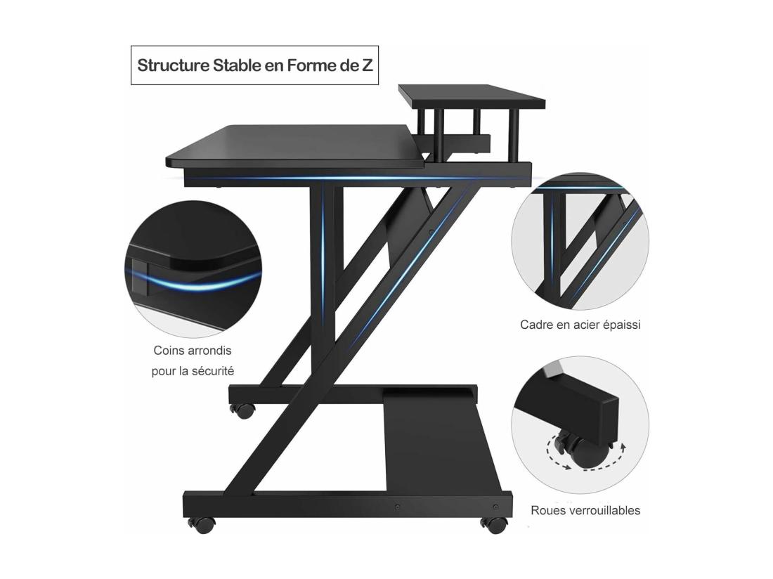 Vente Unique Bureau D'ordinateur Stable En Forme De Z Avec Roulettes Bureau Mobile Avec Étagères Table Bureau Domicile Étude 70x60x79CM Noir