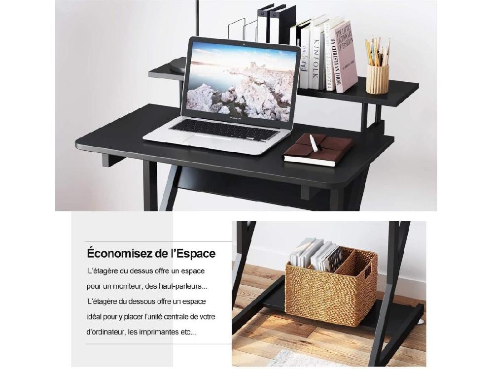 Vente Unique Bureau D'ordinateur Stable En Forme De Z Avec Roulettes Bureau Mobile Avec Étagères Table Bureau Domicile Étude 70x60x79CM Noir
