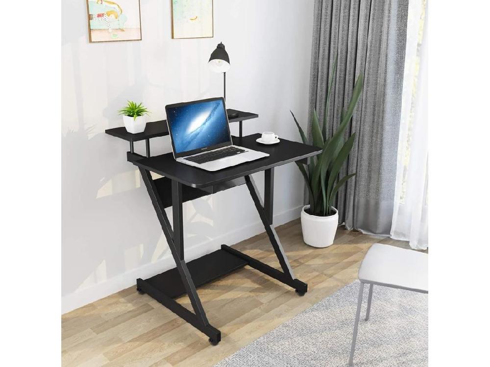 vente unique Bureau d'ordinateur Stable en Forme de Z avec roulettes Bureau Mobile avec Étagères Table Bureau Domicile Étude 70x60x79CM Noir