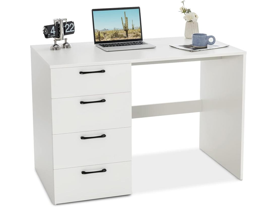 Vente Unique Bureau Droit Avec 4 Tiroirs MDF Finition Mélaminé Et Laqué UV - L110 X P60 X H76 Cm- Brillance Blanche