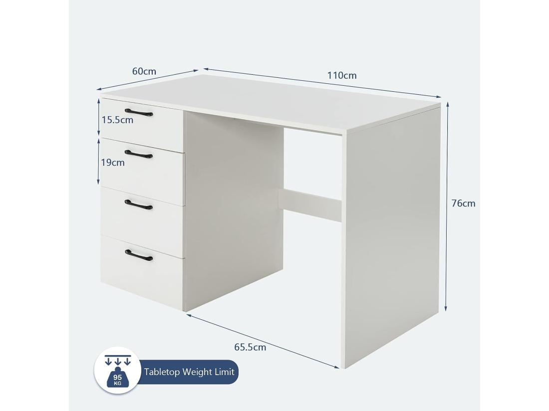 Vente Unique Bureau Droit Avec 4 Tiroirs MDF Finition Mélaminé Et Laqué UV - L110 X P60 X H76 Cm- Brillance Blanche