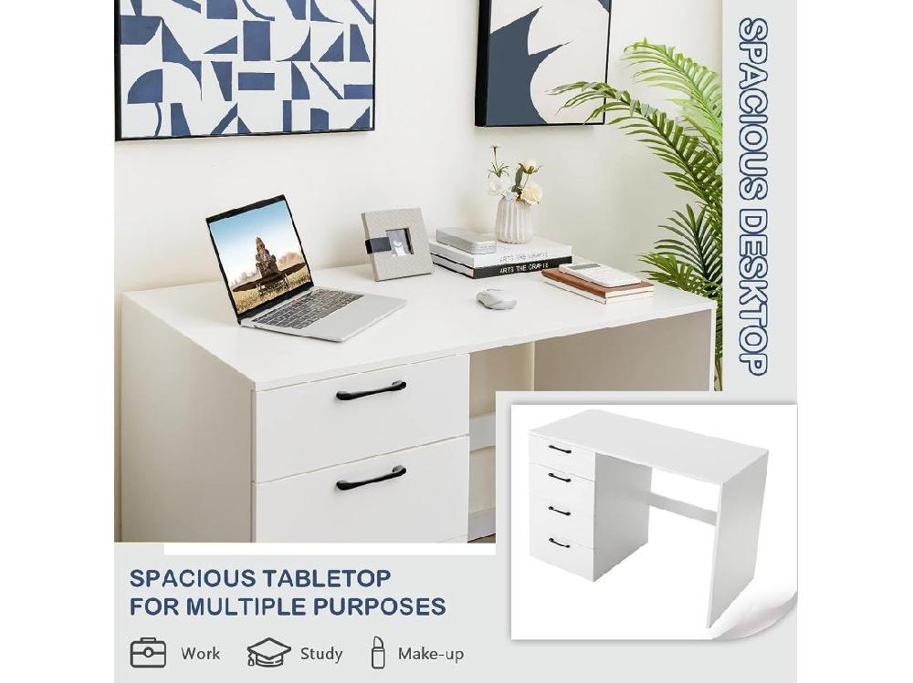 vente unique Bureau Droit avec 4 Tiroirs MDF Finition Mélaminé et Laqué UV - L110 x P60 x H76 cm- Brillance Blanche