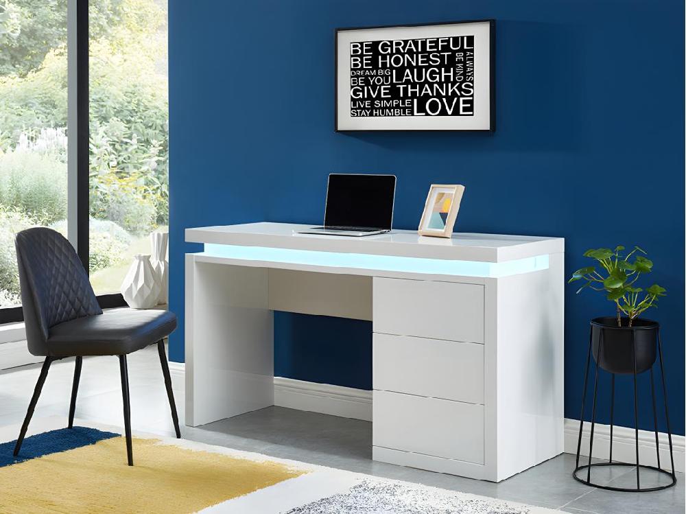 Vente Unique Bureau EMERSON - 3 Tiroirs - MDF Laqué Blanc - LEDs