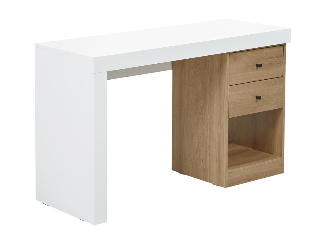Vente Unique Bureau Extensible 2 Tiroirs Et 1 Niche - Coloris : Blanc Et Naturel - EVAN
