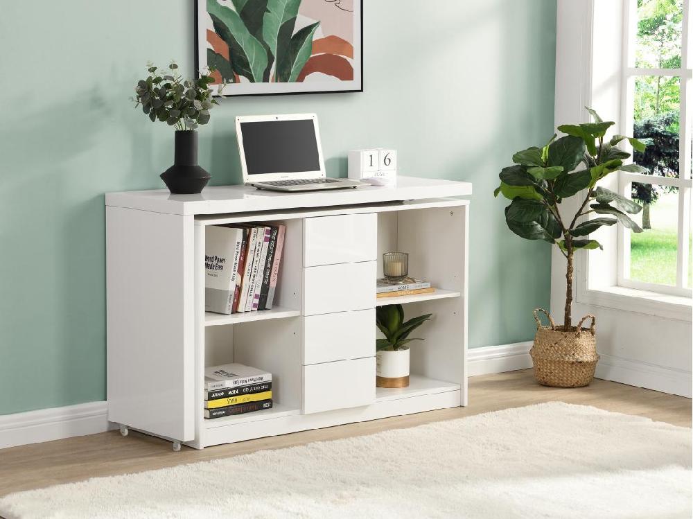 Vente Unique Bureau Extensible Avec Plateau Pivotant 360° - MDF - Blanc Laqué - PAVELO